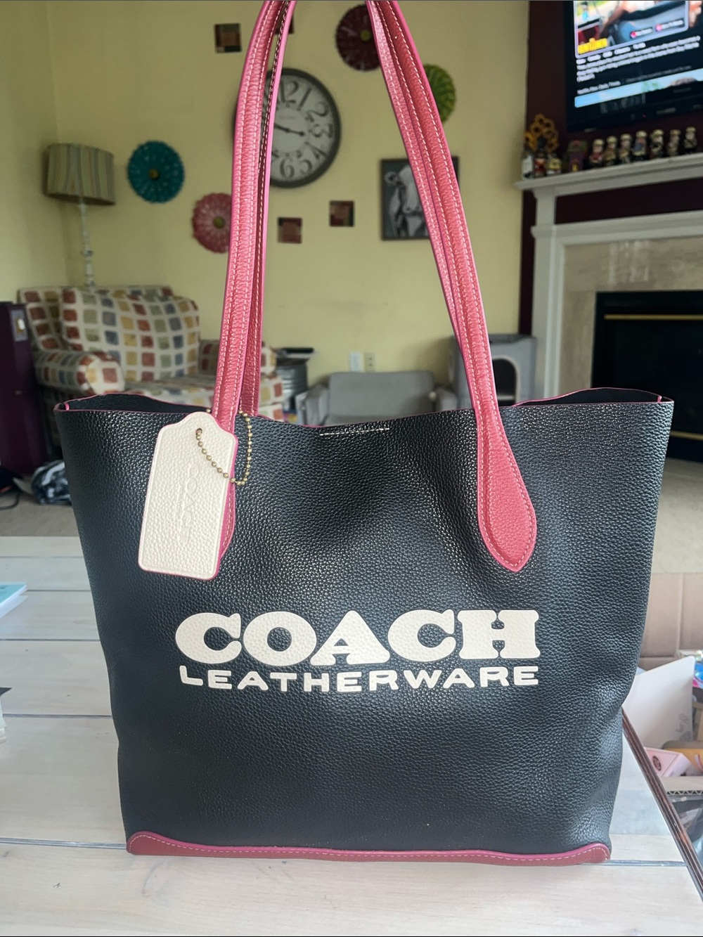 Coach Black Leatherware Tote with Pink Trim and Handles